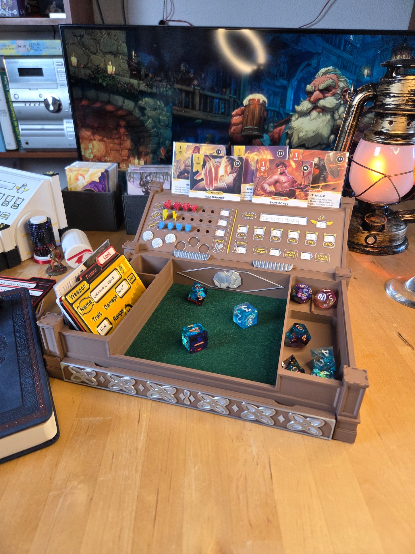 Daggerheart™ Compatible Custom Player Tracker Board – 3D Printed Station for TTRPG with Dice Tray, Token Slots, Card Holder & Storage