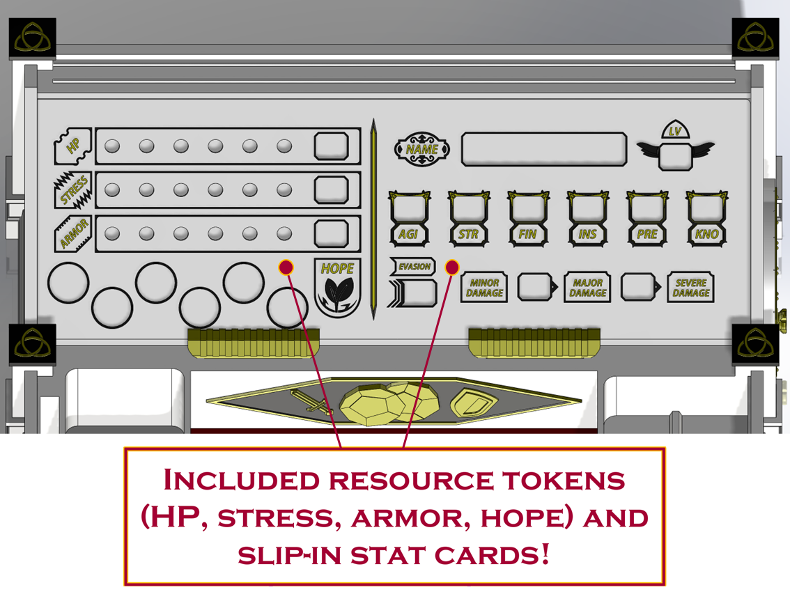 Daggerheart™ Compatible Custom Player Tracker Board – 3D Printed Station for TTRPG with Dice Tray, Token Slots, Card Holder & Storage