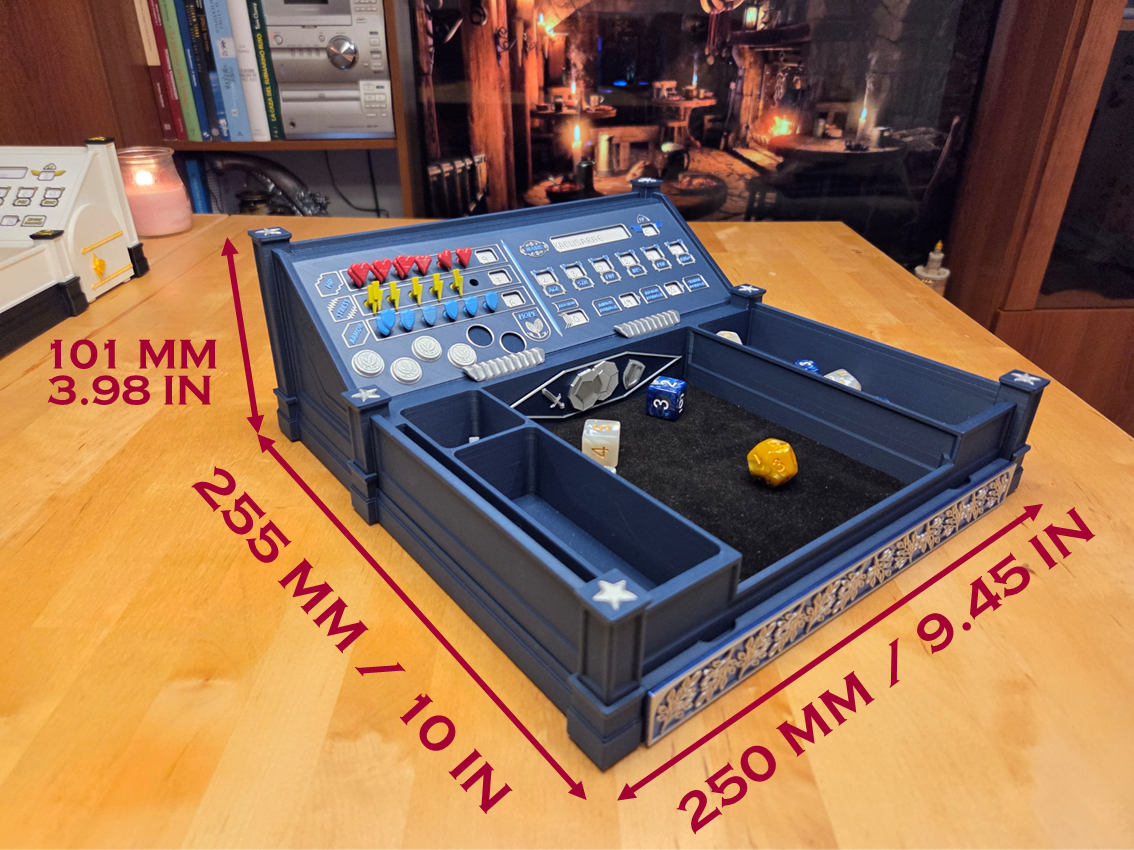 Daggerheart™ Compatible Custom Player Tracker Board – 3D Printed Station for TTRPG with Dice Tray, Token Slots, Card Holder & Storage